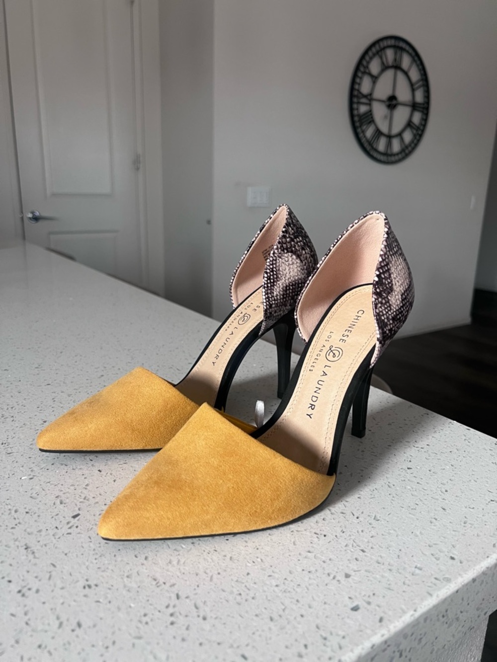 Chinese Laundry Mustard Suede Pointed-Toe Heels with Snakeskin Accent